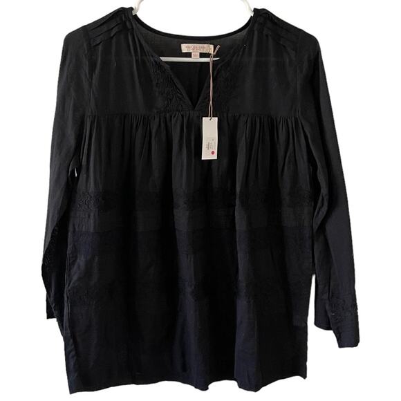 Pink Chicken Mary Embroidered Peasant Blouse Womens XS Caviar Black Boho Chic - Picture 1 of 9